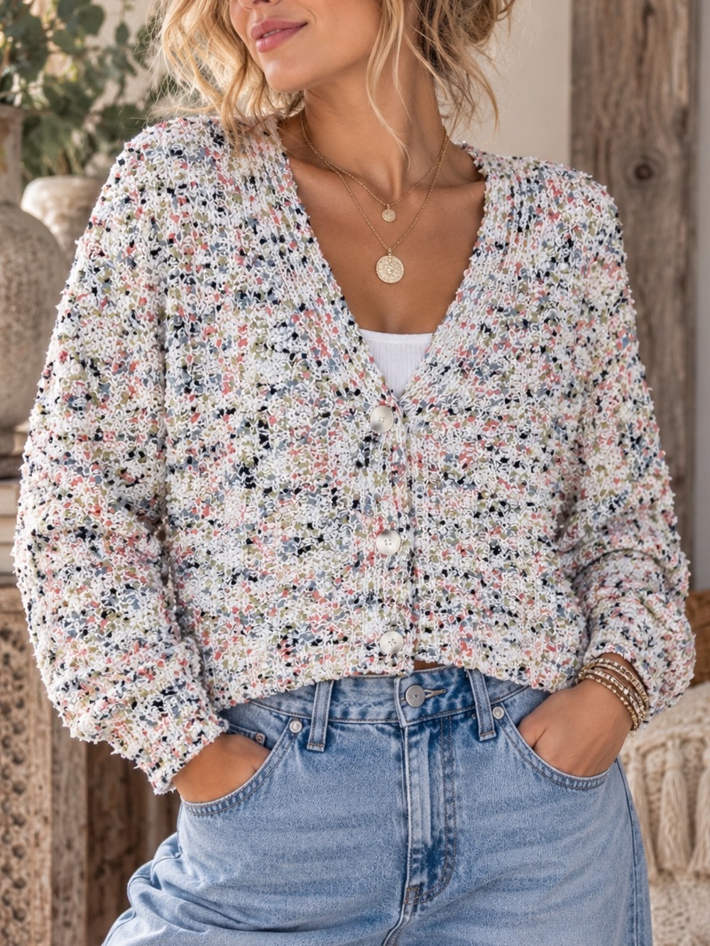 🌸 Jessica Simpson Multicolor Confetti Knit Cardigan Sweater Medium